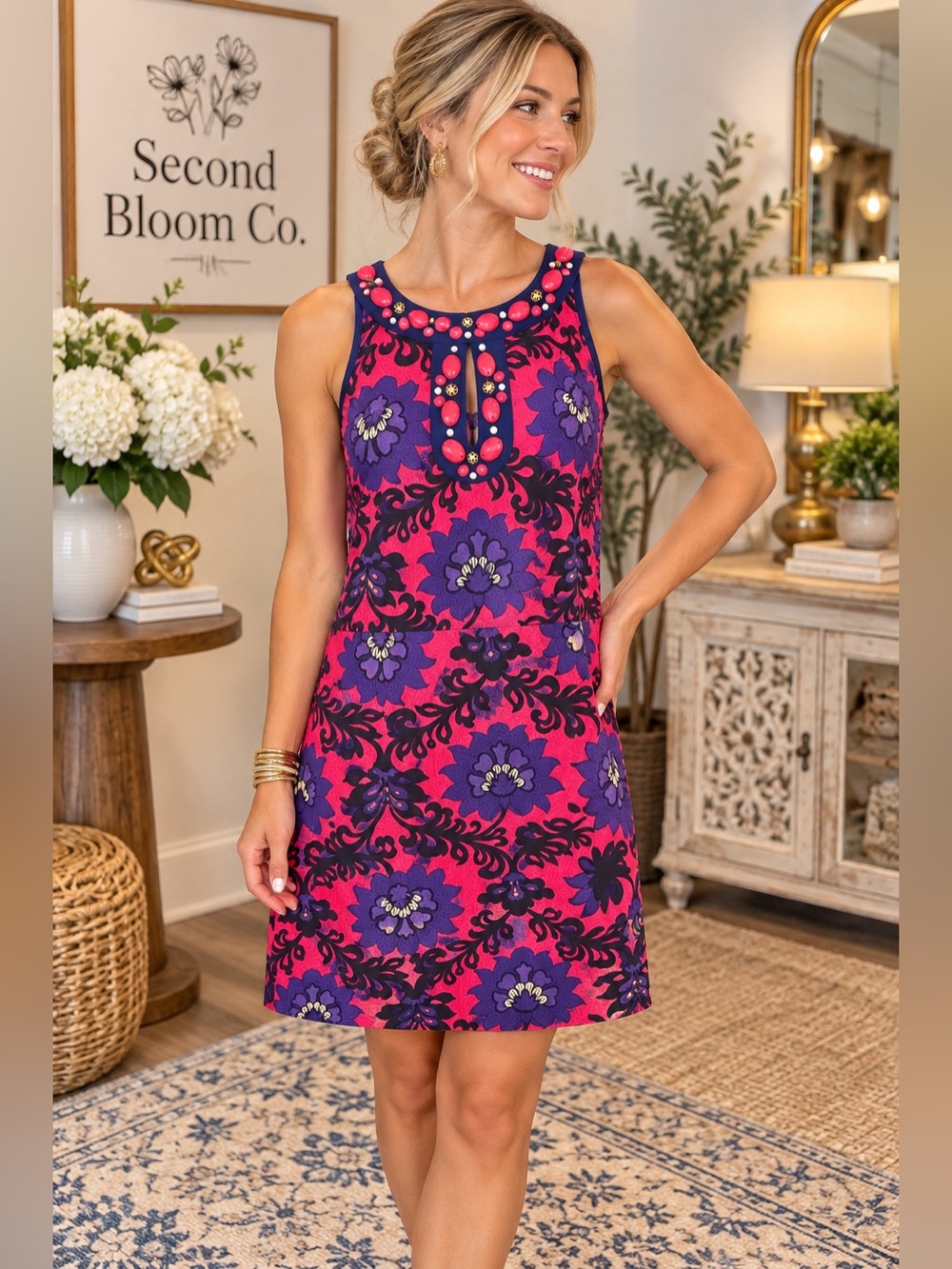 Phoebe Couture Pink Purple Floral Embellished Shift Dress Size 6